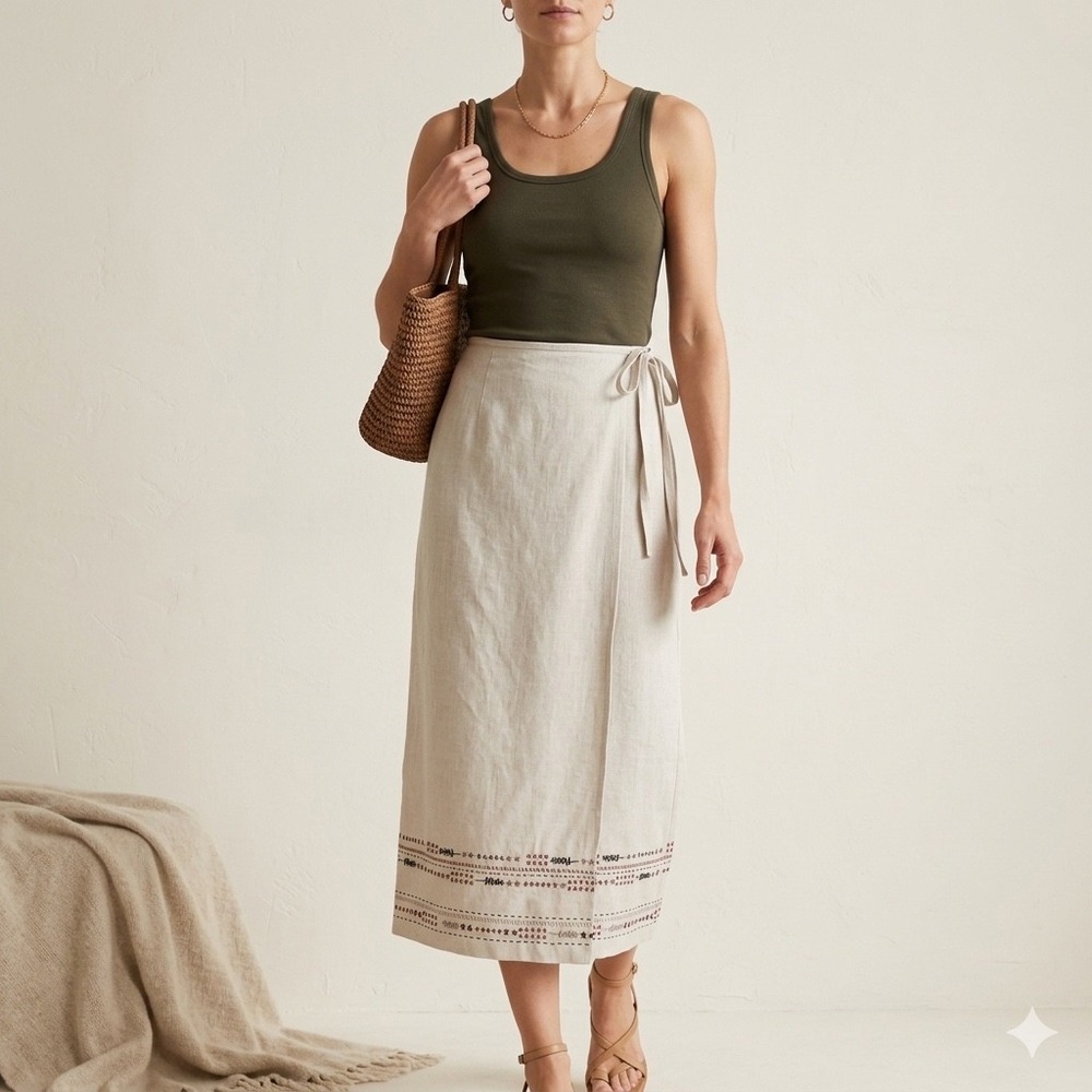 Nordstrom Linen Wrap Skirt 14 Boho Coastal Grandma Cottagecore Embroidered Hem - Picture 12 of 13